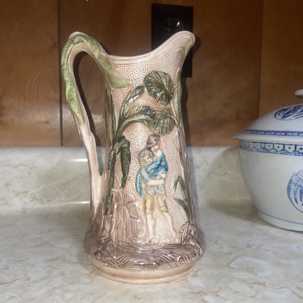 Vintage Ceramic Vase Glaze Shine Tropics Vegetation‎